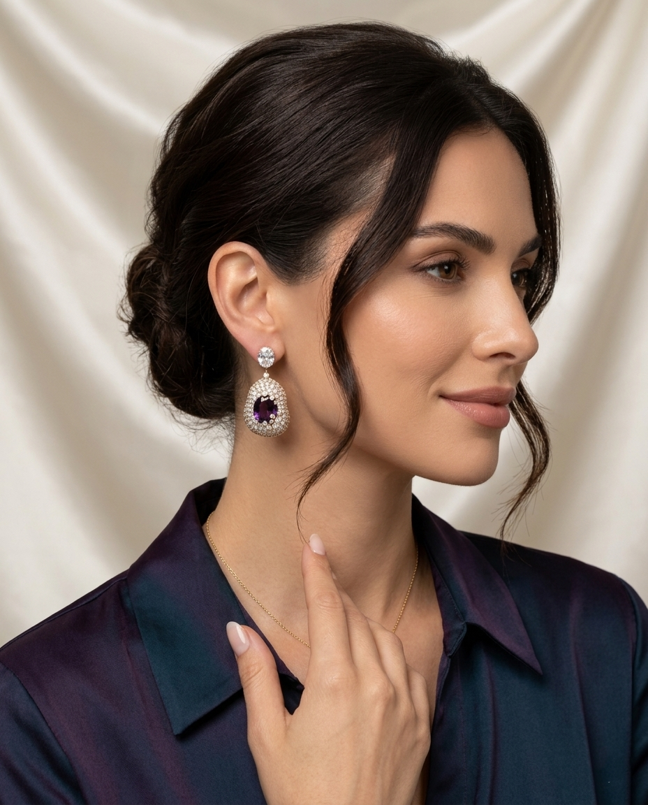 18K Gold Plated Amethyst-Inspired Crystal Halo Teardrop Dangle Earrings