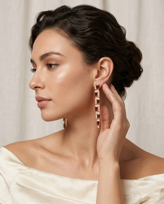 18K Gold Plated Asymmetric Linear Baguette-Cut Gemstone Statement Earrings
