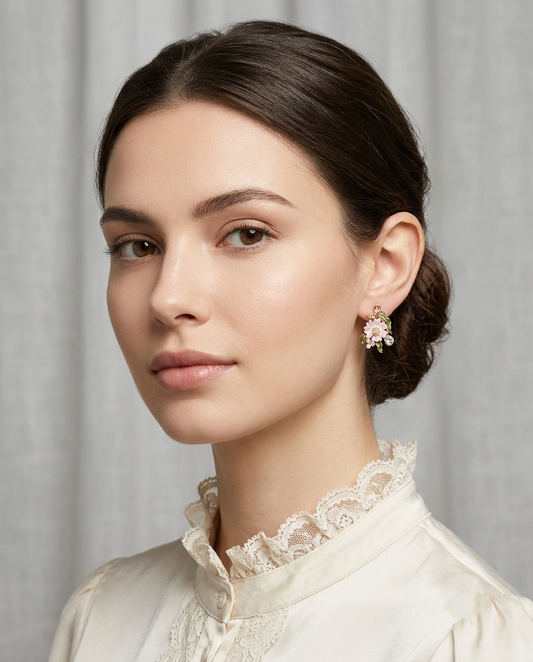 18K Gold Plated Blossom & Pearl Artisan Floral Dangle Earrings - Pink