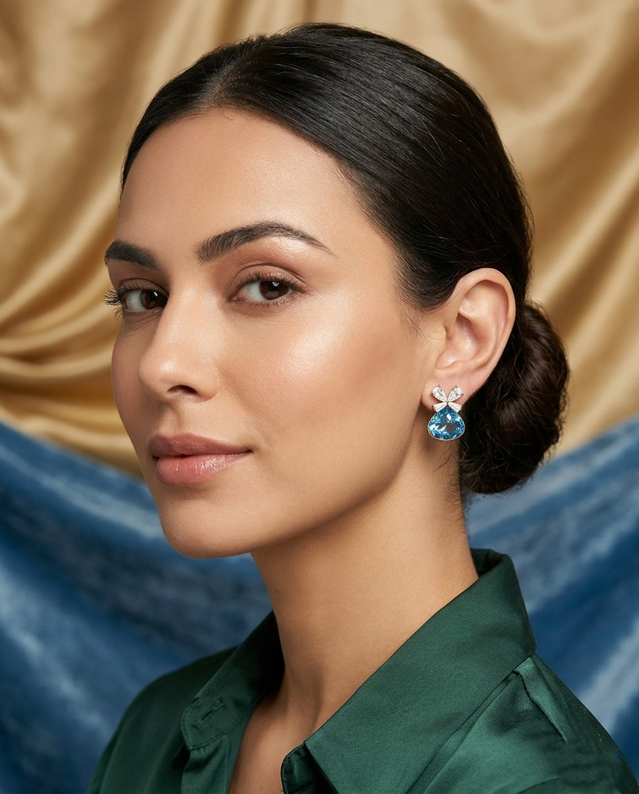 18K Gold Plated Blue Teardrop Crystal Earrings with Bow Accents