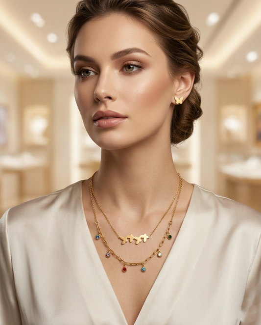 18K Gold Plated Butterfly Charm Layered Necklace & Stud Earring Set