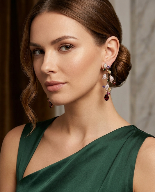 18K Gold Plated Cascading Crystal & Multi-Color Gemstone Dangle Earrings
