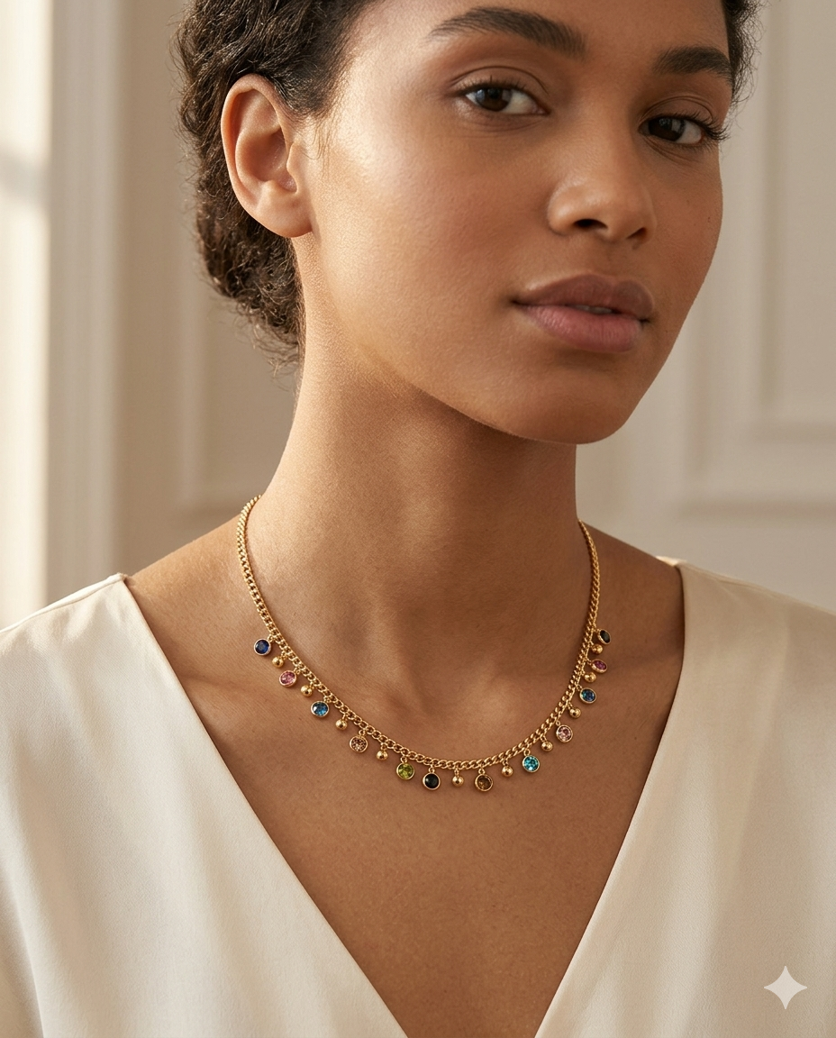 18K Gold Plated Chain Necklace with Vibrant Multicolor Crystal Accents