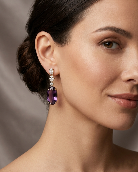 18K Gold Plated Elegant Oval Amethyst Drop Earrings with Crystal Accents