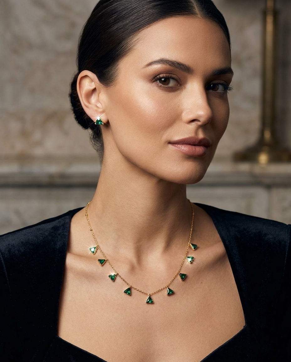 18K Gold Plated Emerald Geometric Triangle Charm Necklace & Stud Earring Set