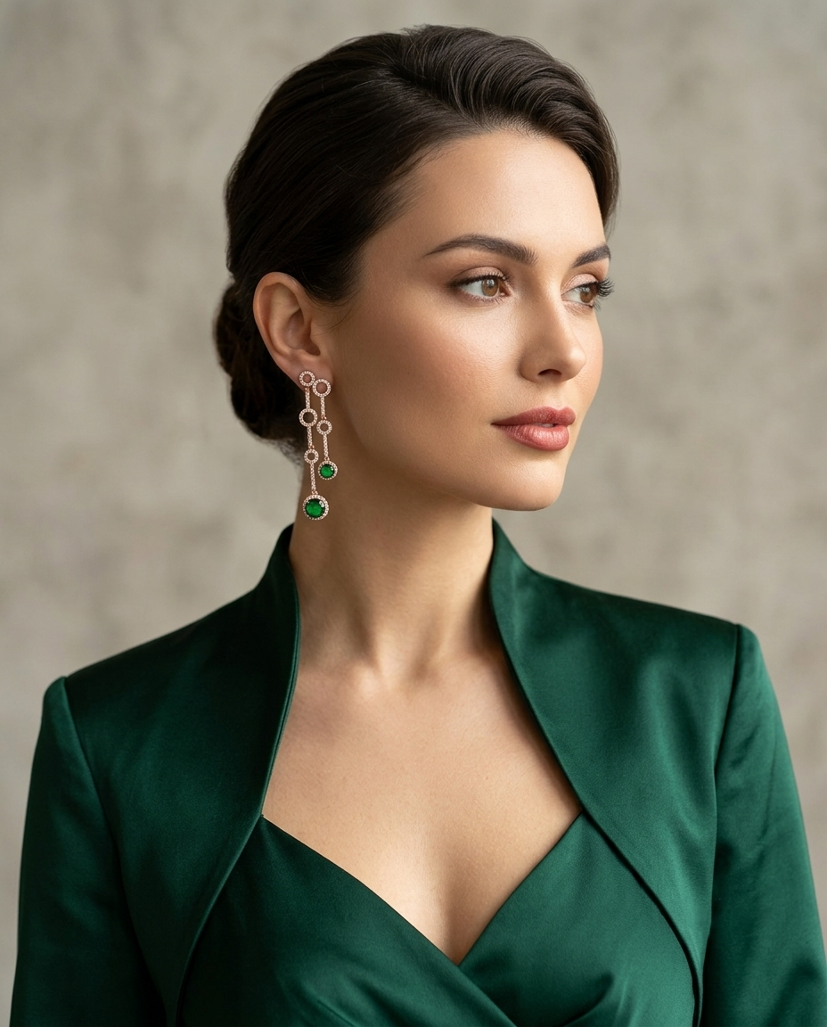 18K Gold Plated Emerald Green Crystal Double Linear Drop Earrings