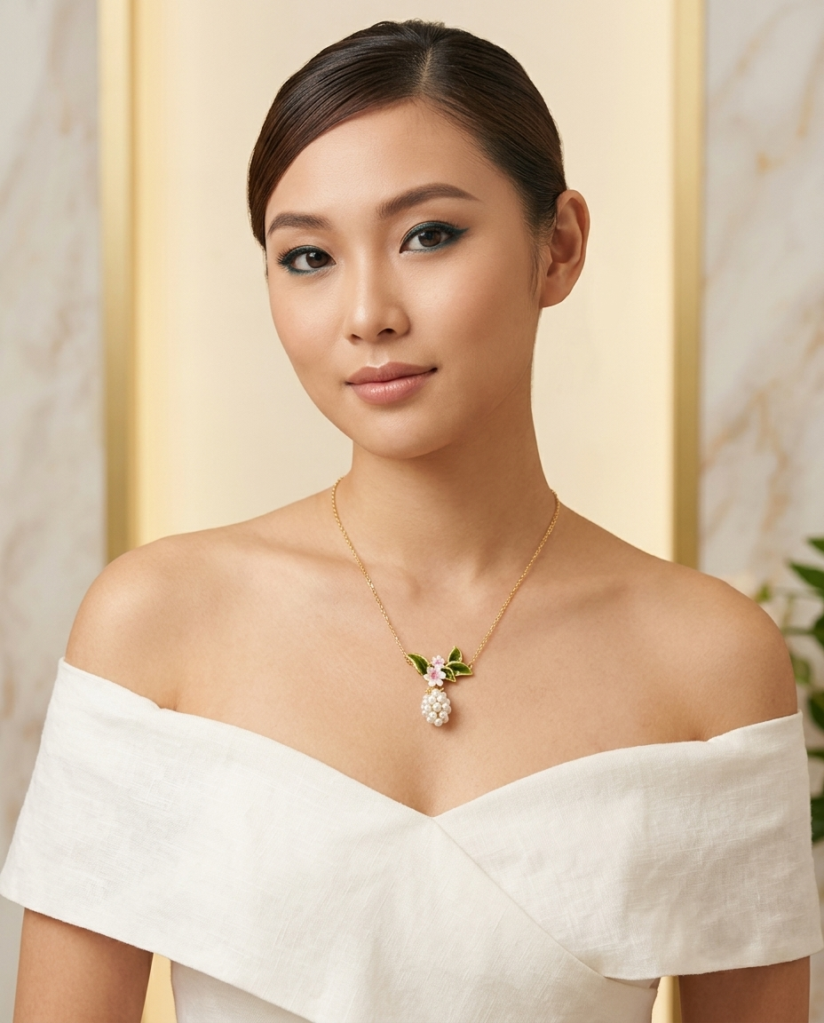 18K Gold Plated Enamel Floral & Pearl Cluster Pendant Necklace