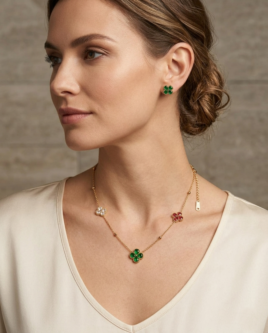 18K Gold Plated Enchanted Clover Charm Necklace & Earring Set