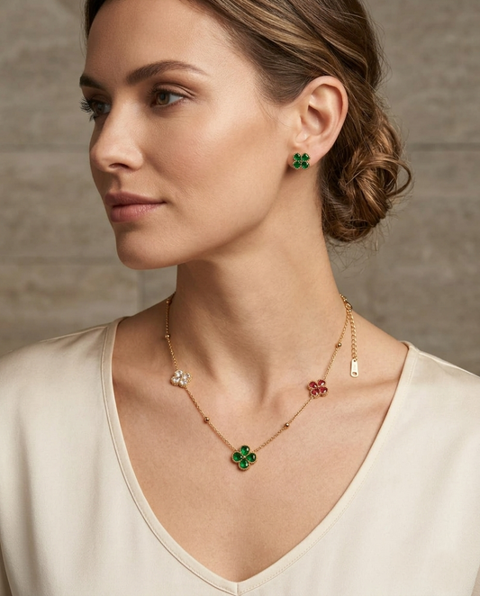 18K Gold Plated Enchanted Clover Charm Necklace & Earring Set