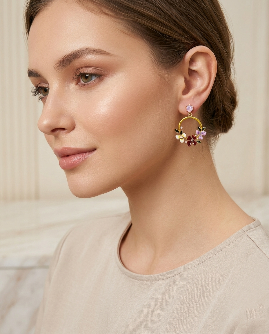 18K Gold Plated Floral Bloom Hoop Earrings – Enameled Spring Petal Design with Crystal Accents