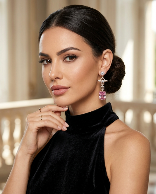 18K Gold Plated Geometric Radiant-Cut Pink Zirconia Drop Earrings