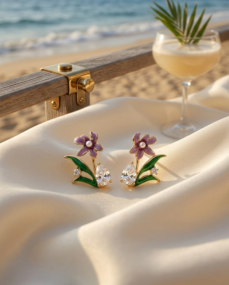 18K Gold Plated Lavender & Emerald Enamel Blossom Earrings