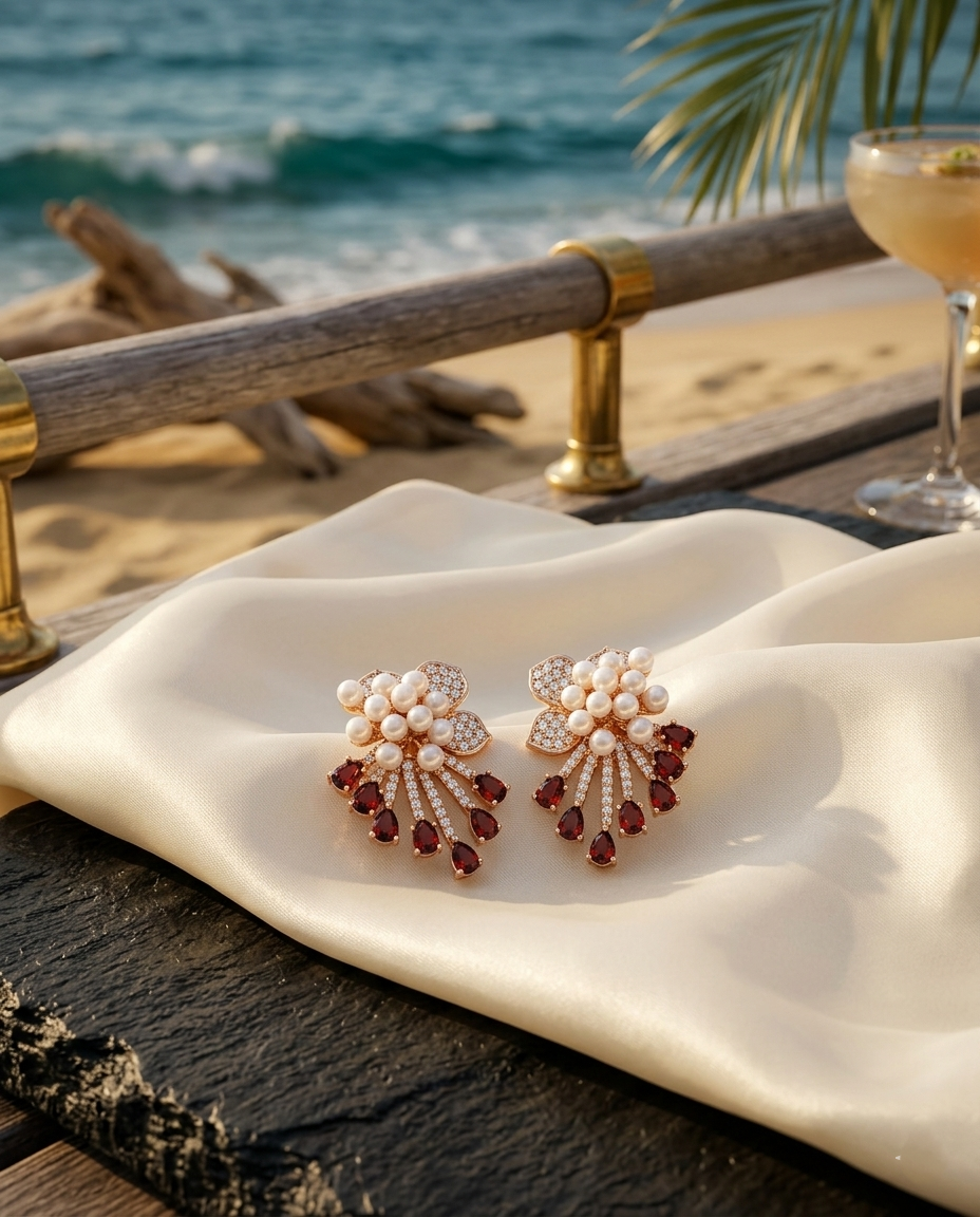 18K Gold Plated Mirrored Floral Pearl Earrings