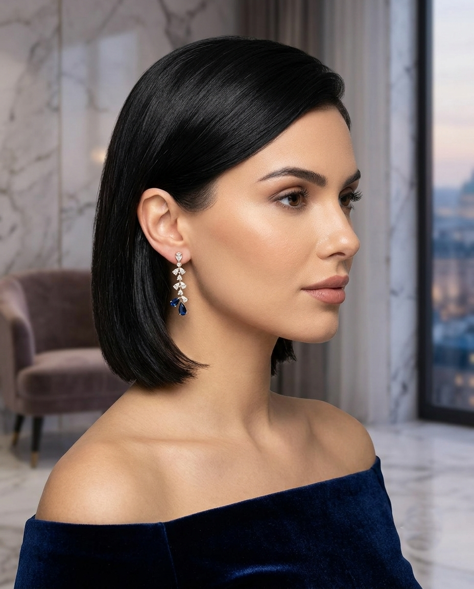 18K Gold Plated Mirrored Teardrop Blue Sapphire and Diamond Drop Earrings