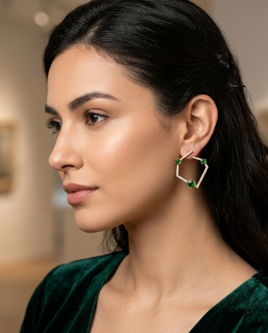 18K Gold Plated Modern Asymmetrical Geometric Studs with Green Accents & Cubic Zirconia