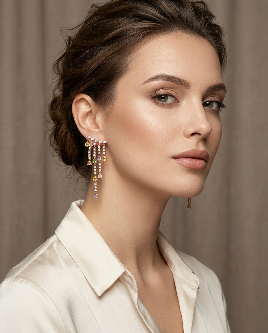 18K Gold Plated Multi-Color Zircon Tassel Earrings
