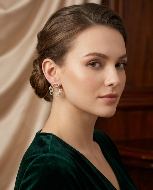 18K Gold Plated Pastel Mosaic Crystal Crescent Hoop Earrings – Mirrored Luxury Drops