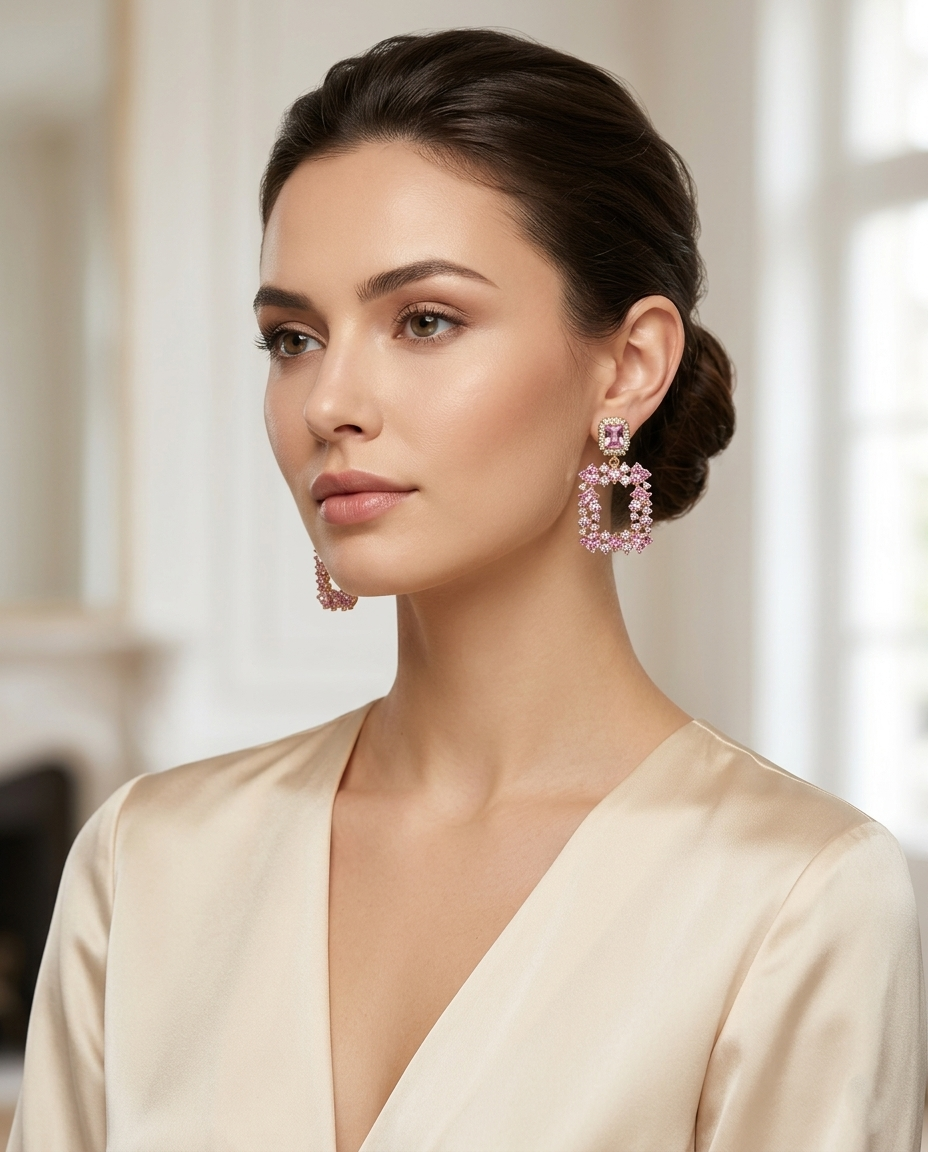 18K Gold Plated Premium Pink Zircon Geometric Square Drop Earrings
