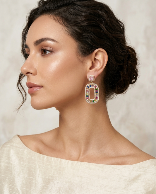 18K Gold Plated Prism Radiance: Multicolored Baguette Drop Earrings