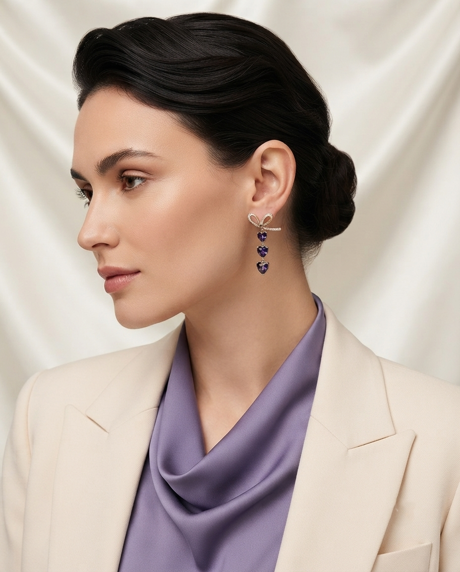 18K Gold Plated Purple Heart Drop Bow Earrings