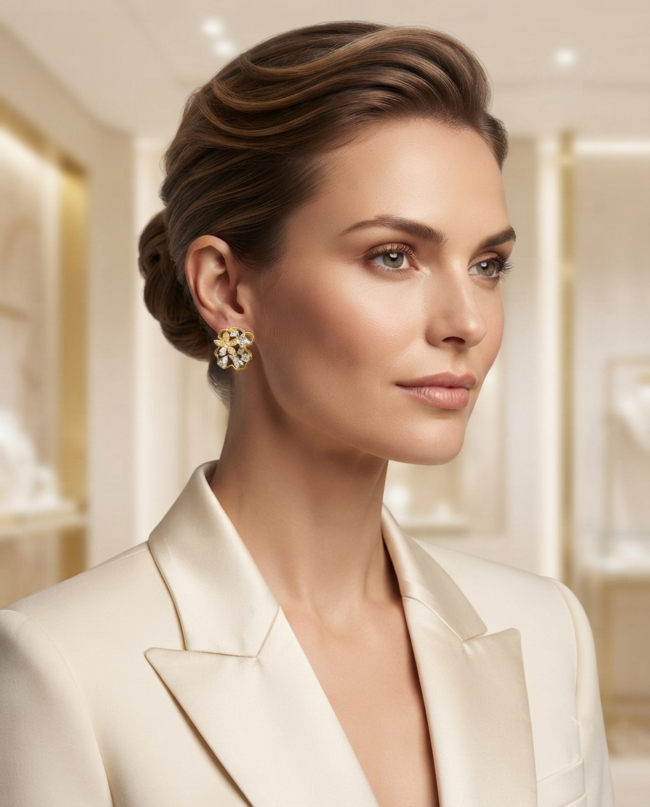 18K Gold Plated Radiant Floral Crystal Stud Earrings