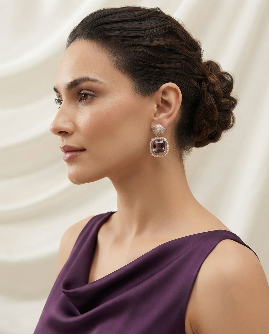 18K Gold Plated Royal Amethyst Square Drop Earrings with Pavé Halo