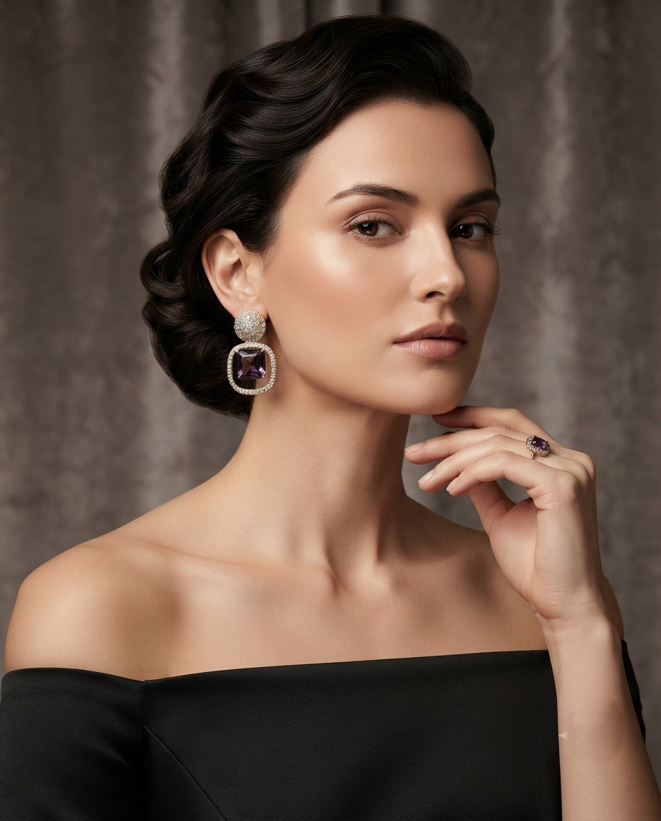 18K Gold Plated Royal Amethyst Square Drop Earrings with Pavé Halo