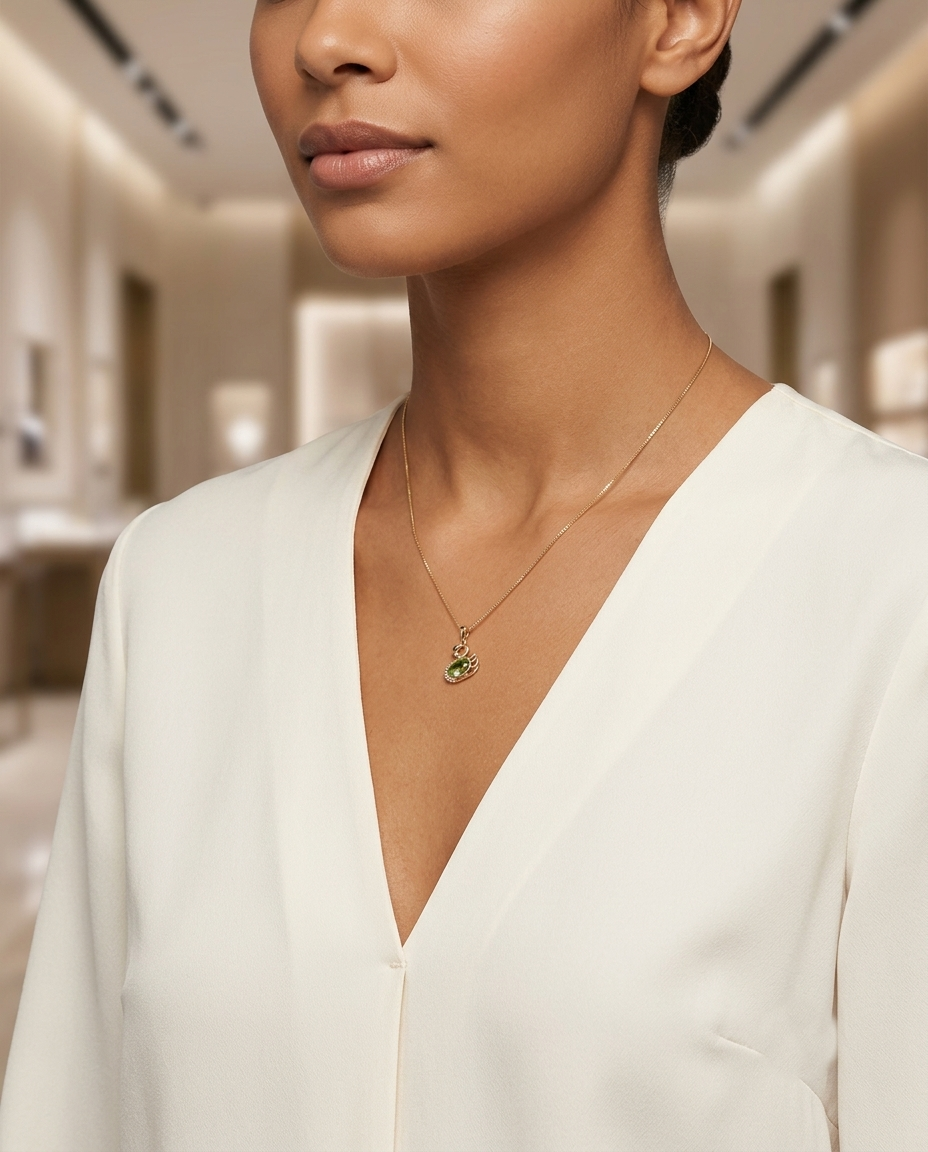 18K Gold Plated Swan Pendant Necklace with Green Crystal & Pavé Accents