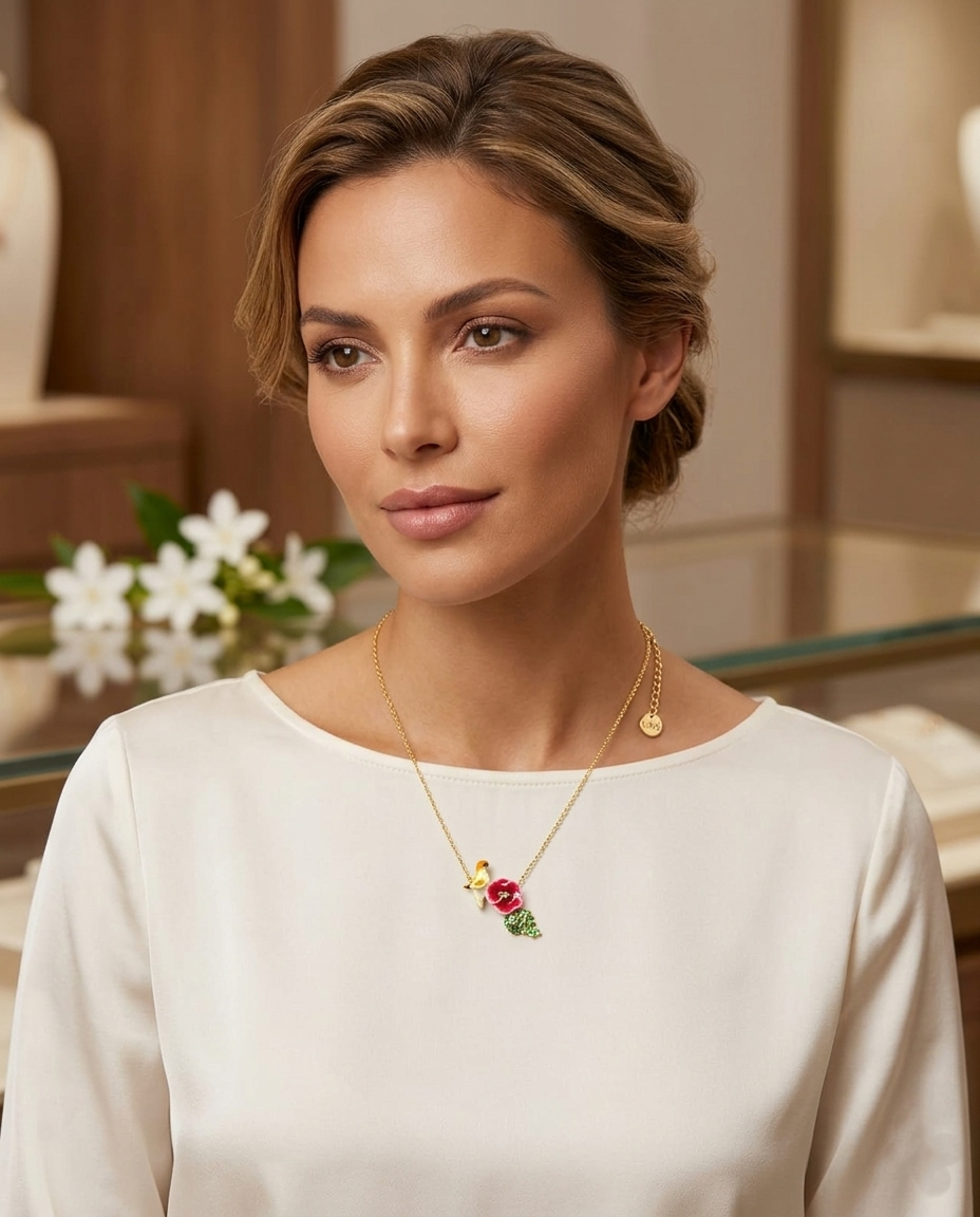 18K Gold Plated Whimsical Bird & Enamel Flower Necklace