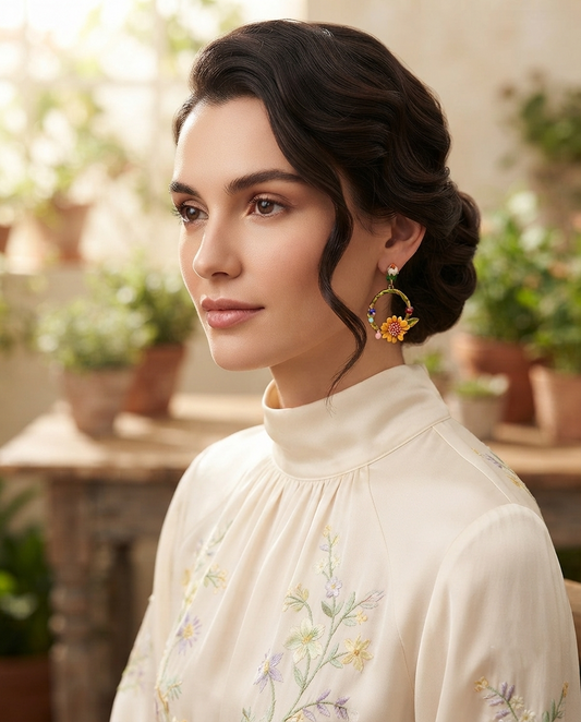 18K Gold Plated Whimsical Sunflower & Enamel Floral Hoop Earrings