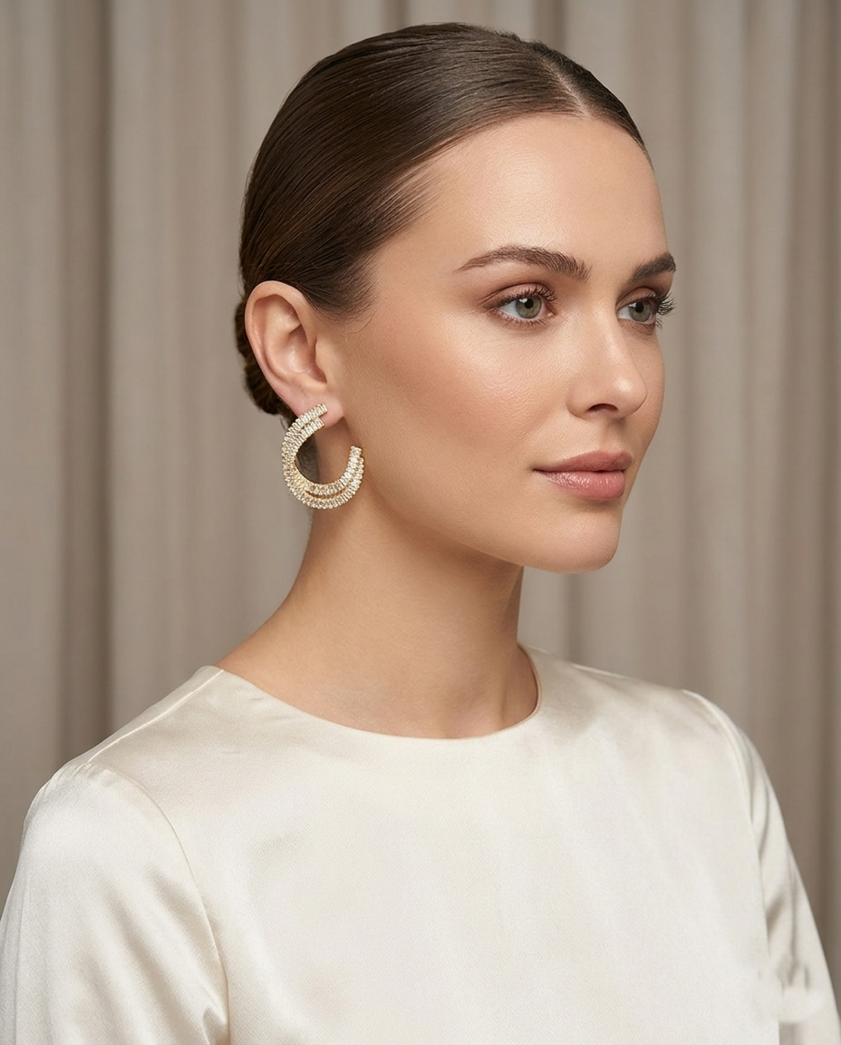 18K gold Plated Double-Row Crescent Crystal Hoop Earrings