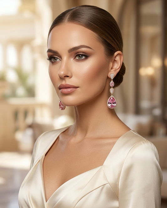 18K gold Plated Pink Tear Drop Crystal Linear Chandelier Earrings
