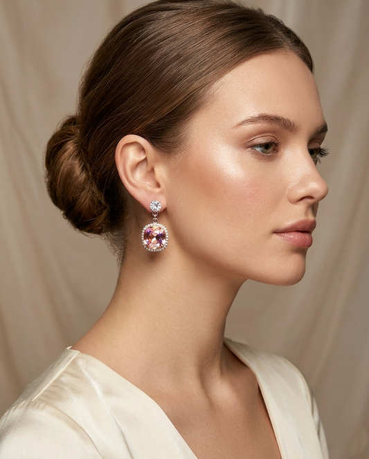 Aurora Cushion-Cut Crystal Drop Earrings in Light Pink