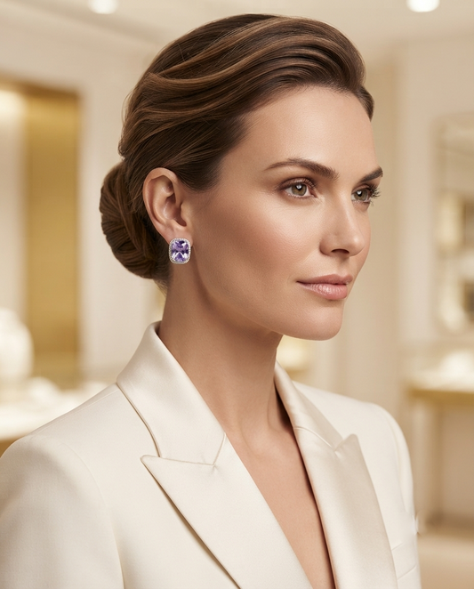 Elegant Lilac Cushion-Cut Halo Stud Earrings in Silver Tone Base