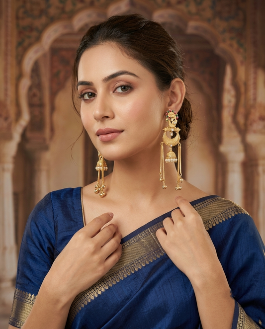 Royal Peacock Meenakari Chandbali Kashmiri Earrings with Pearl Jhumka