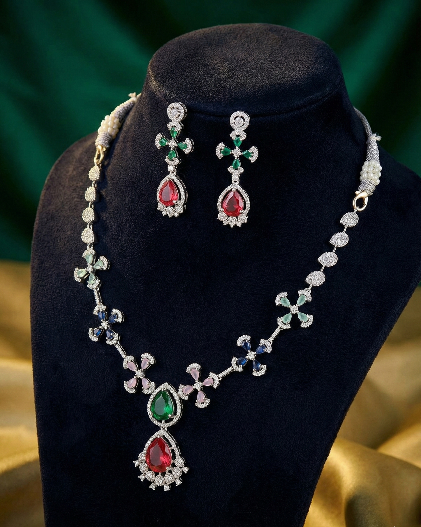 Multi-Color American Diamond (AD) Floral Necklace Set