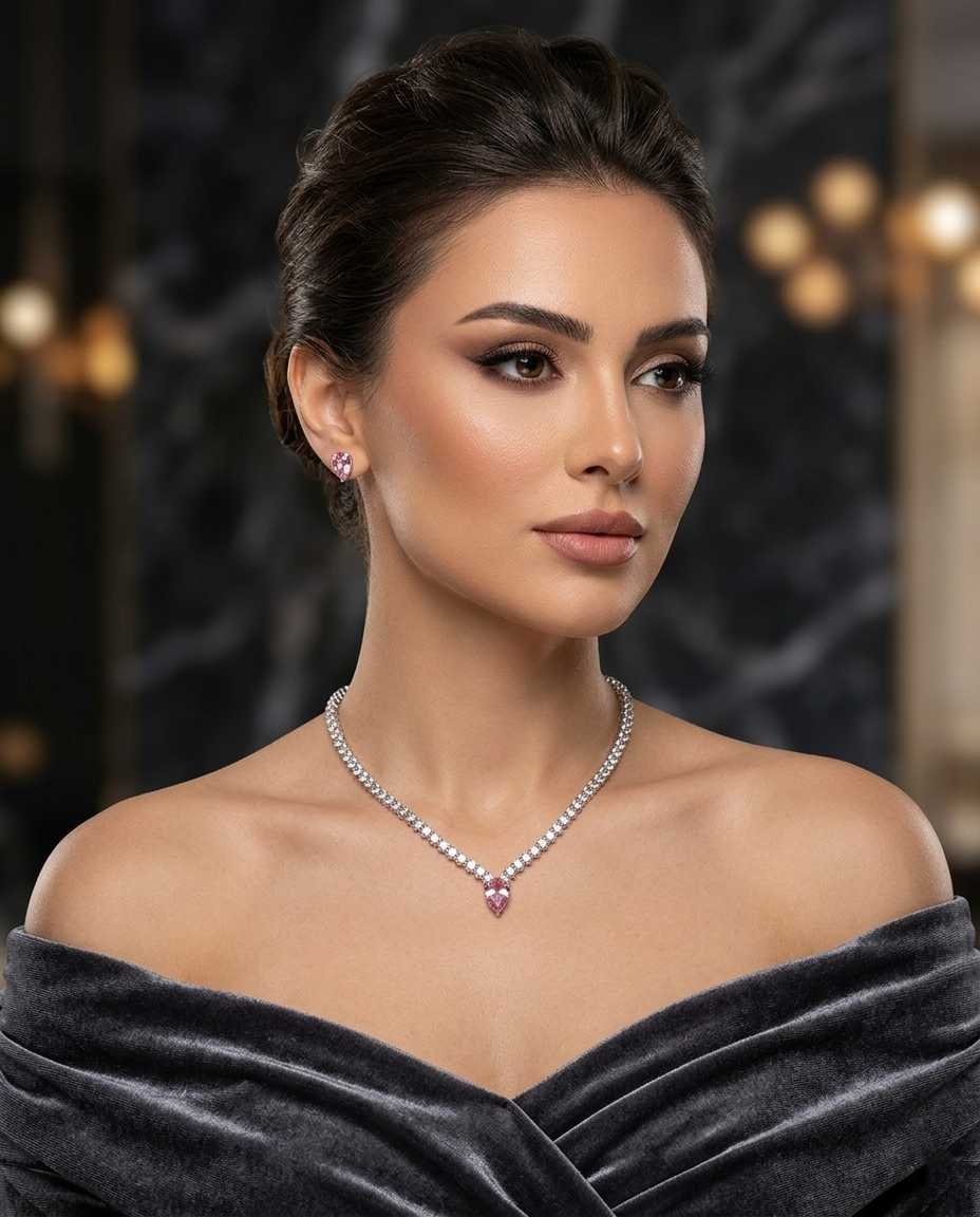 Pink Teardrop Crystal Tennis Jewelry Set