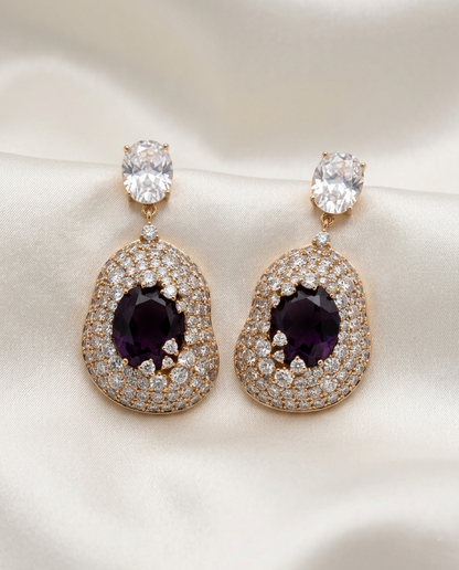 18K Gold Plated Amethyst-Inspired Crystal Halo Teardrop Dangle Earrings
