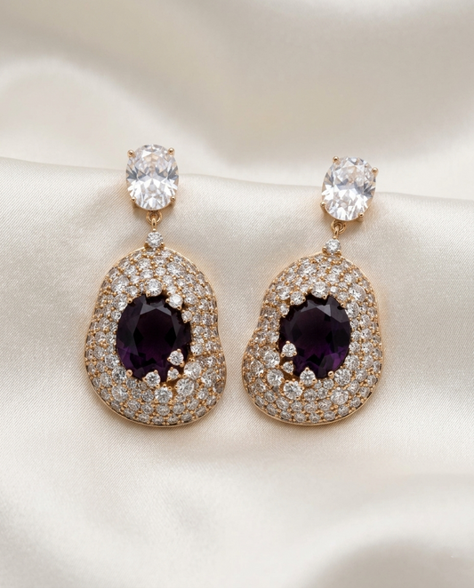 18K Gold Plated Amethyst-Inspired Crystal Halo Teardrop Dangle Earrings