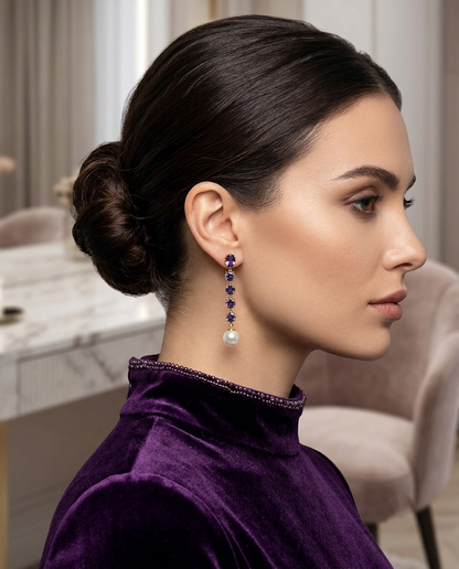 18K Gold Plated Amethyst Drop & Pearl Earrings