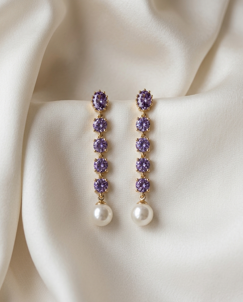 18K Gold Plated Amethyst Drop & Pearl Earrings