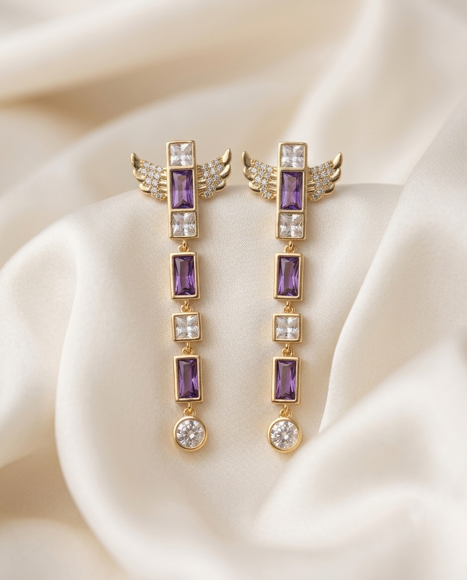 18K Gold Plated Amethyst & Diamond Wing Dangle Earrings