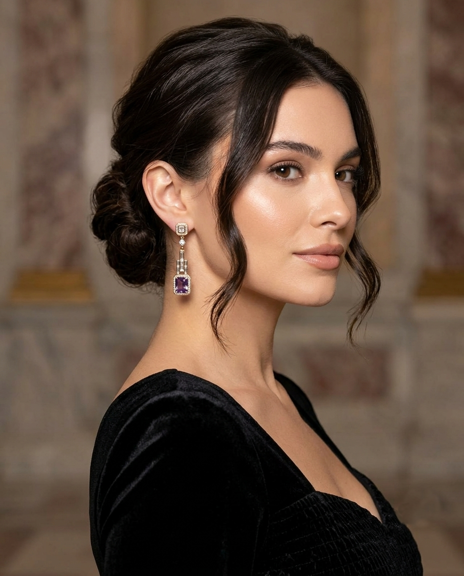 18K Gold Plated Art Deco Amethyst Drop Earrings