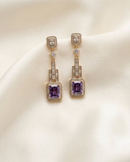 18K Gold Plated Art Deco Amethyst Drop Earrings