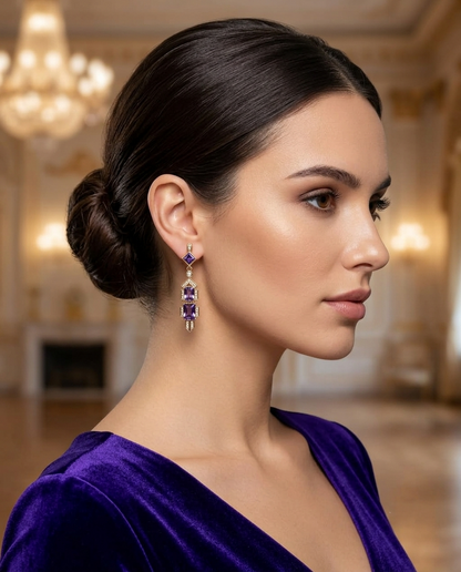 18K Gold Plated Art Deco Amethyst Geometric Drop Earrings