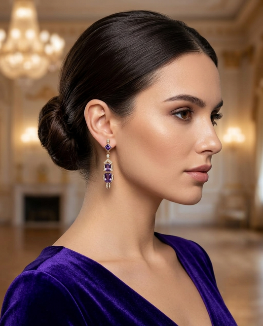 18K Gold Plated Art Deco Amethyst Geometric Drop Earrings