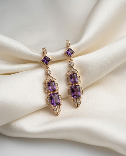 18K Gold Plated Art Deco Amethyst Geometric Drop Earrings