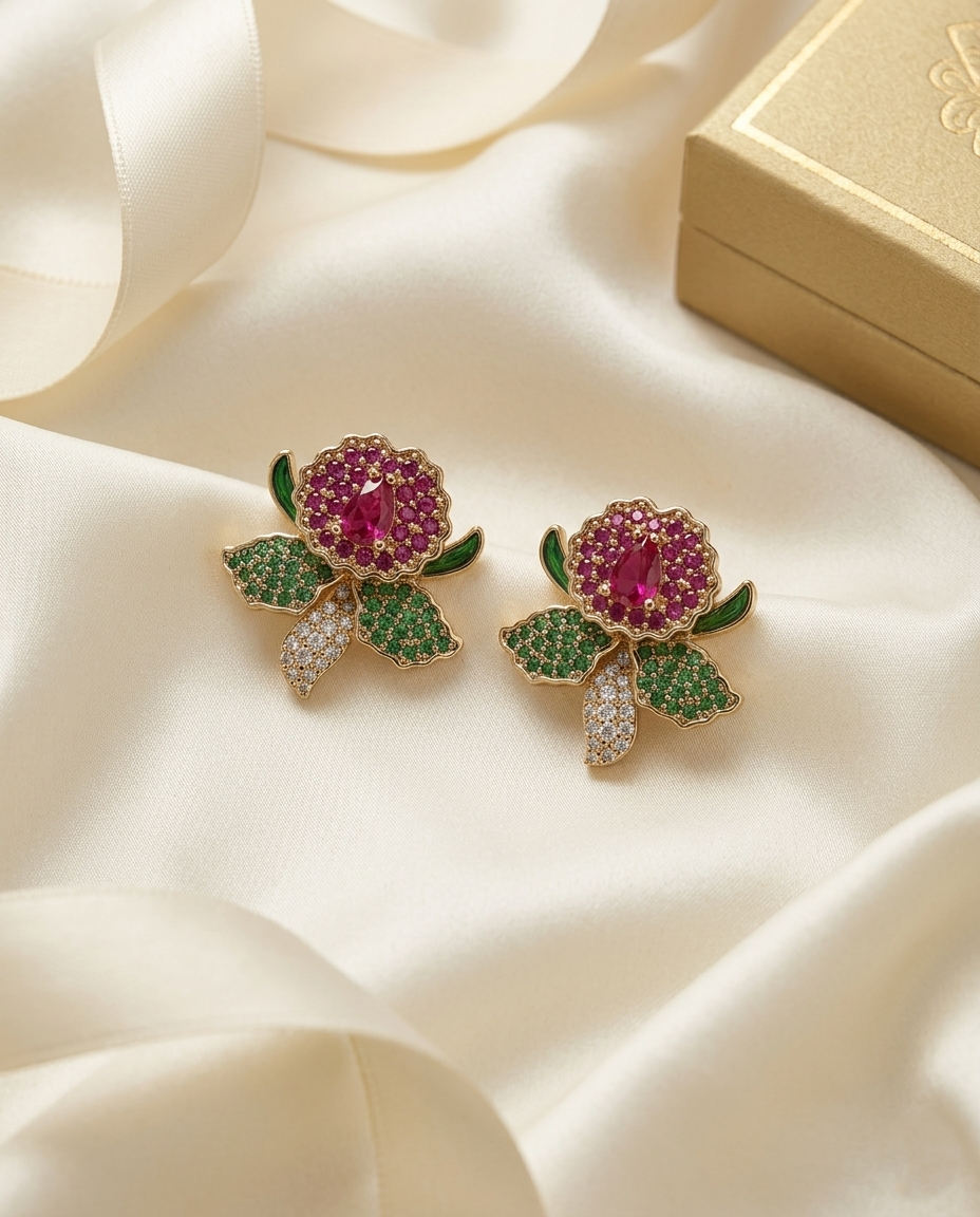 18K Gold Plated Artisan Floral Gemstone Earrings
