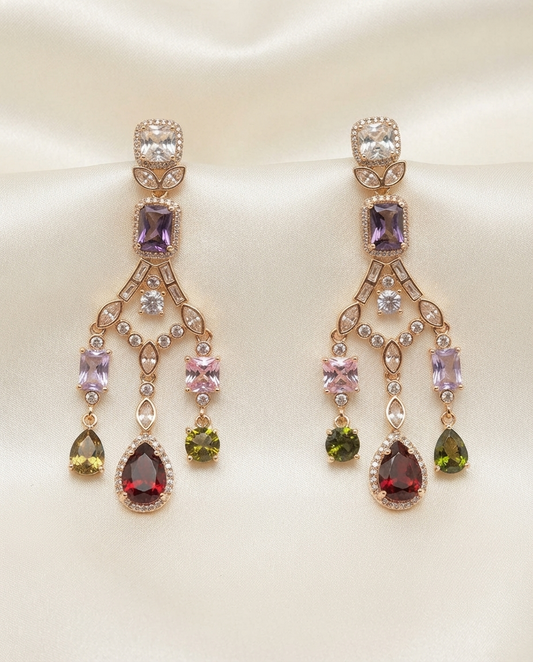 18K Gold Plated Artisan Mirrored Chandelier Earrings with Multicolor Gemstone