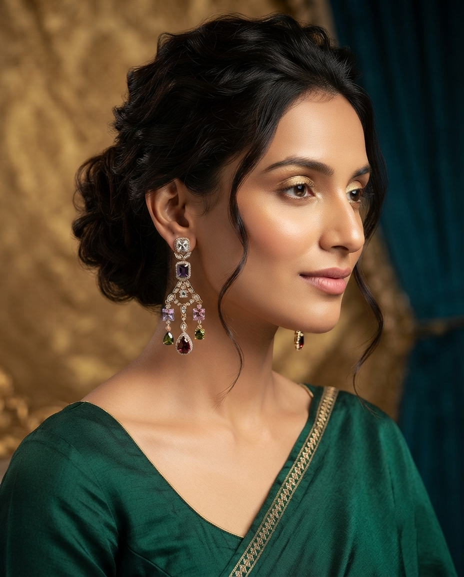 18K Gold Plated Artisan Mirrored Chandelier Earrings with Multicolor Gemstone
